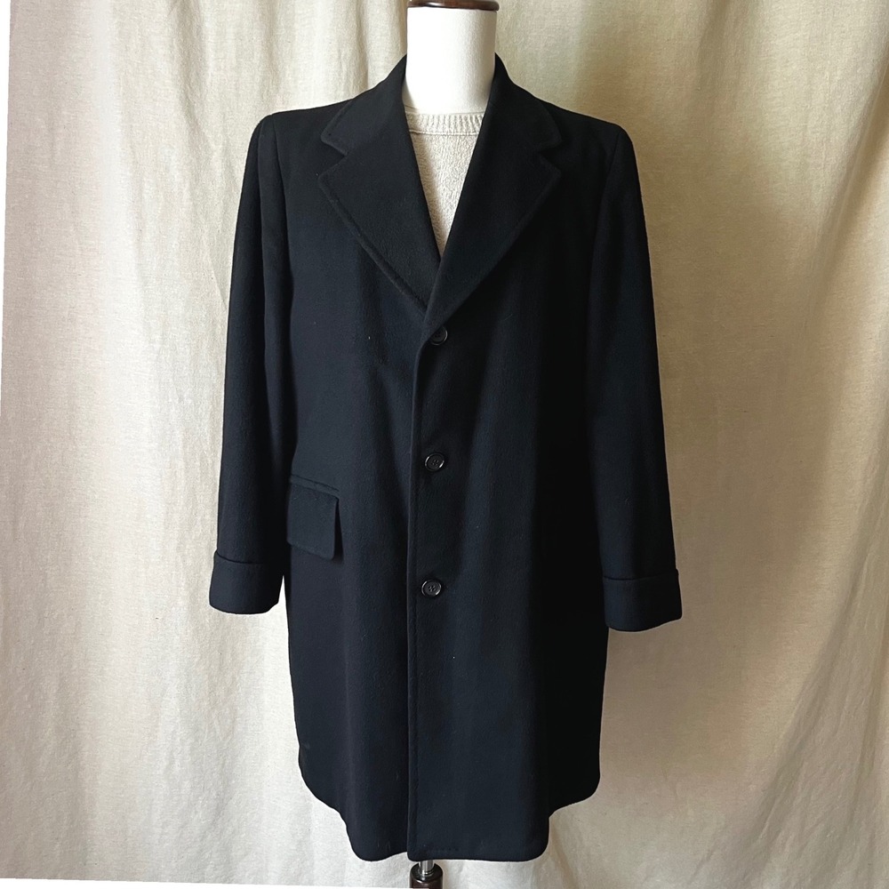 Vintage Men's Black Wool Overcoat Union Made 3 Button Classic Tailored Coat L